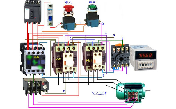 冷水机星三角降压启动电路连接示意图